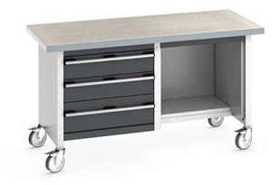 Bott Cubio Mobile Storage Workbench 1500mm wide x 750mm Deep x 840mm high supplied with a Linoleum worktop (particle board core with grey linoleum surface and plastic edgebanding), 3 x Drawers (1 x 200mm & 2 x 150mm high)  and 1 x open section... 1500mm Wide Storage Benches